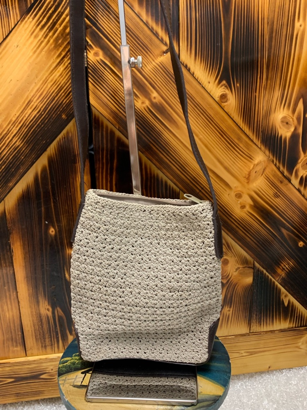 Neutral Beige Crochet Crossbody Bag with Adjustable Strap